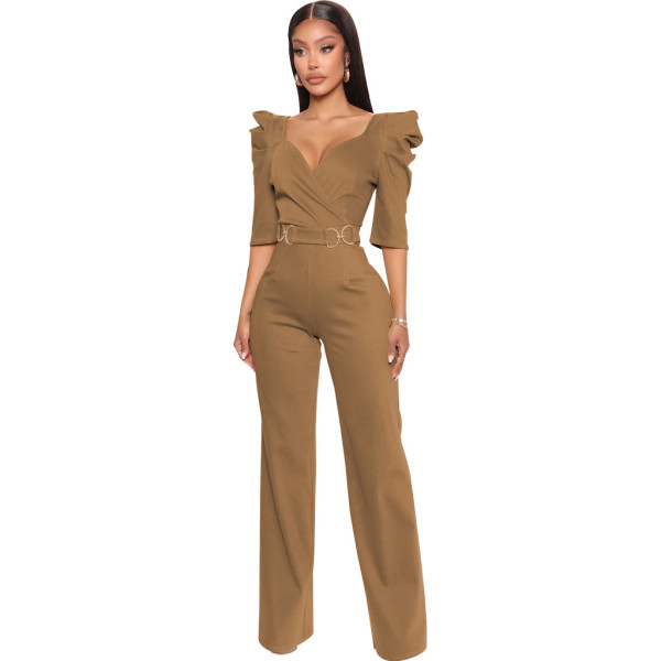 Sexy Fashion Solid Color Three-quarter Sleeve V-Neck Women's Jumpsuit