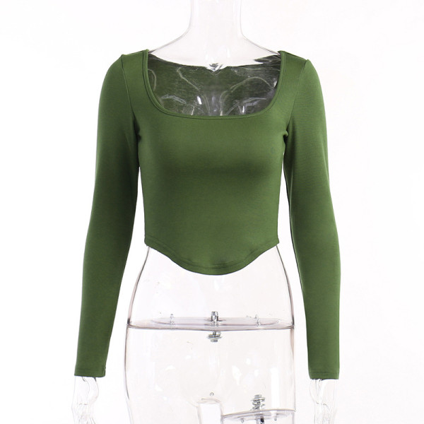 Long Sleeve Round U Neck T-Shirt Showing Breast Sexy Simple Casual Top