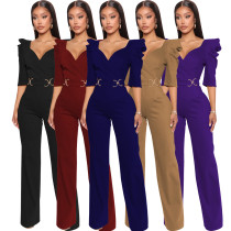 Sexy Fashion Solid Color Three-quarter Sleeve V-Neck Women's Jumpsuit