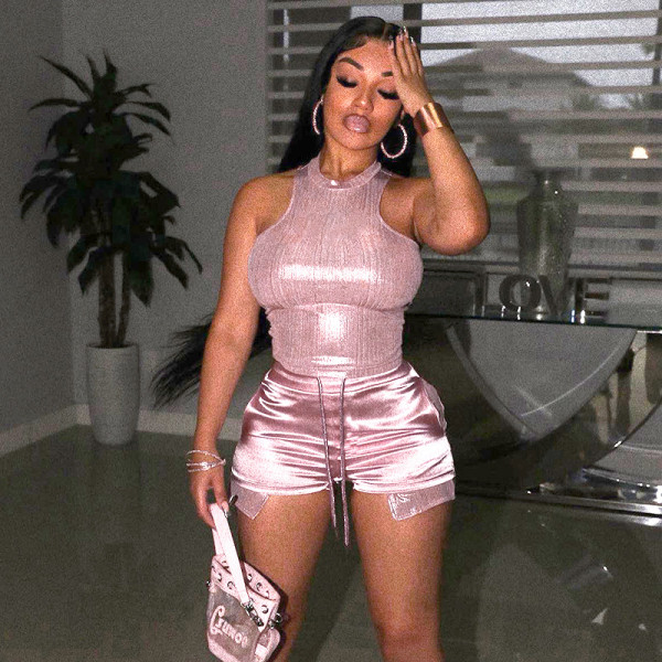 Fashion Hot Silver Bright Sleeveless Gold Vest Drawstring Pocket Trousers Casual Suit