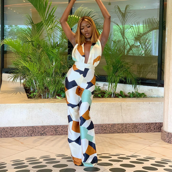 Deep V Neck Tie Halter Print Hip Raise Wide Leg One Piece Pants