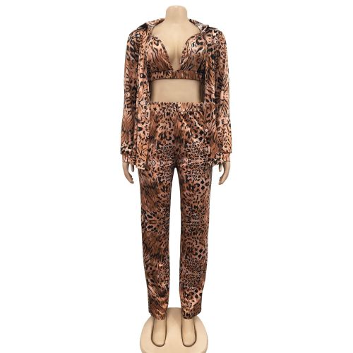 Fashion Ladies Long Sleeve Collar Jacket Lining Trousers Three Piece Set