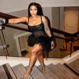 Mesh see-through furry hem suspender dress tube top open back slim hip skirt