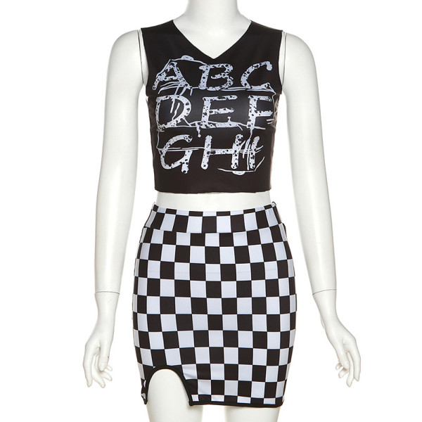 Sleeveless Vest Fashion Checkerboard Print Sexy Slim Pack Hip Skirt Suit