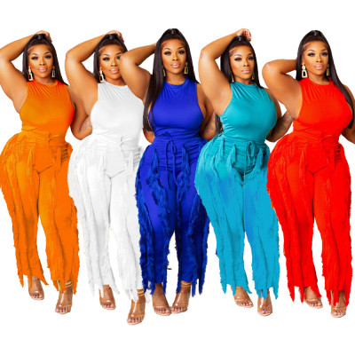 Solid Color Fringe Two Piece Set