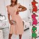 Crew neck gathered waist pleated ruffle dress with belt