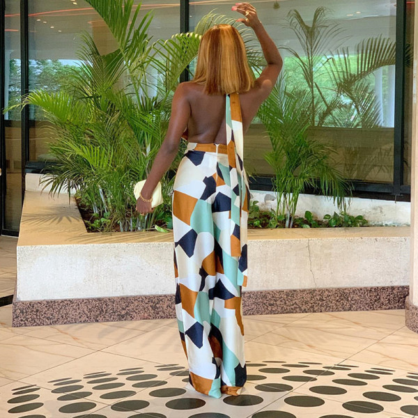 Deep V Neck Tie Halter Print Hip Raise Wide Leg One Piece Pants