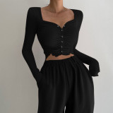 Sexy babes show chest peach heart neck pleated long-sleeved top women's slim-fit ultra-short fungus edge vest