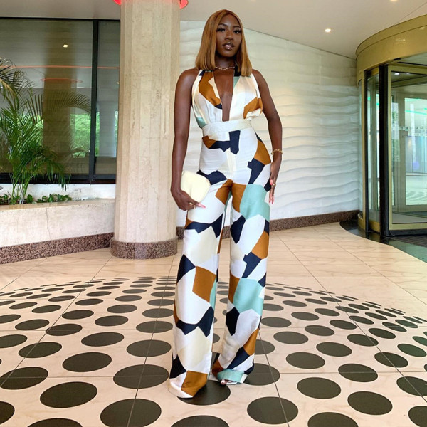 Deep V Neck Tie Halter Print Hip Raise Wide Leg One Piece Pants