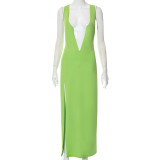 Fashion Deep V Neck Sleeveless High Waist Slit Dress