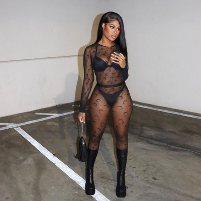 Mesh Flocking Perspective Street Sexy Pants Set