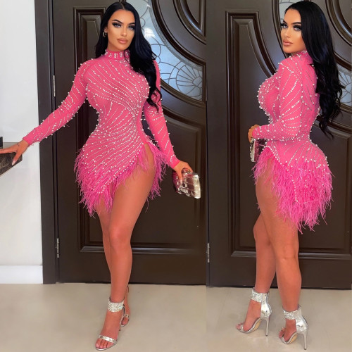 Women's Fashion Sexy Tassel Mesh Hot Drill Dress