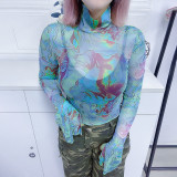 Fashion Stand Collar Print Sexy Mesh Slim Fit T-Shirt Top