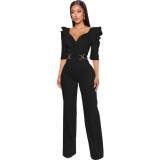 Sexy Fashion Solid Color Three-quarter Sleeve V-Neck Women's Jumpsuit