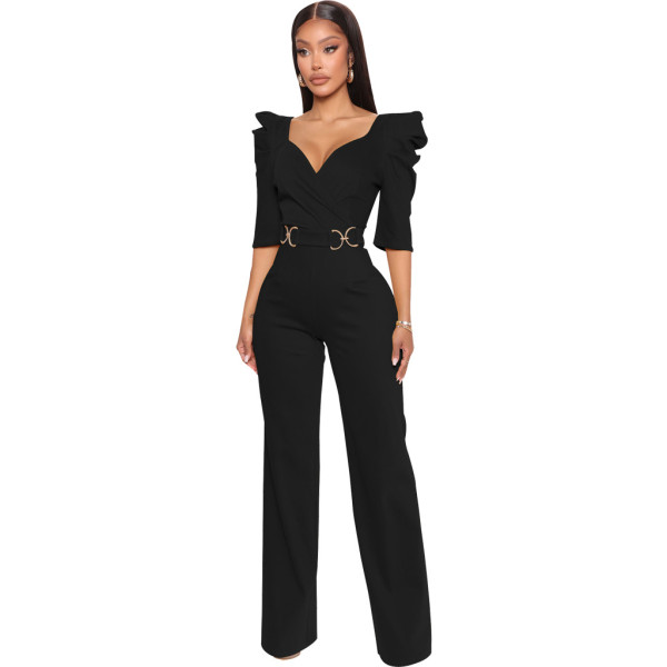 Sexy Fashion Solid Color Three-quarter Sleeve V-Neck Women's Jumpsuit