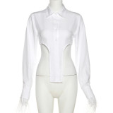 Top Sexy Hot Girl Irregular Hollow Feather Long Sleeve Solid Color Versatile Shirt