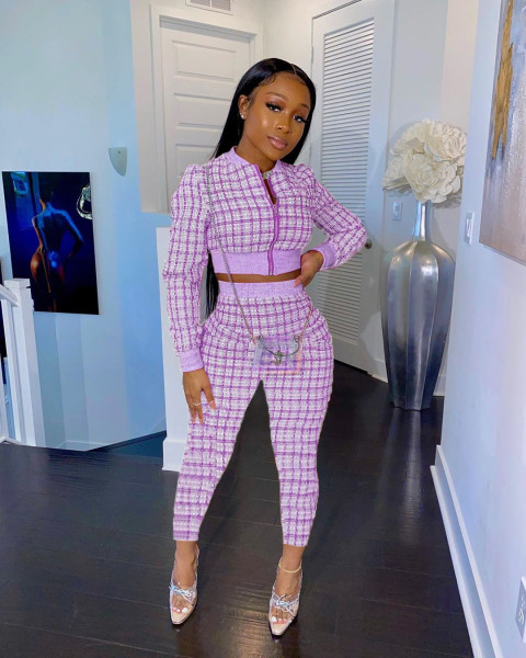 Xiaoxiang style print long-sleeved trousers two-piece suit