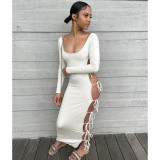 Solid Color Lace Up Low Cut Sexy Dress