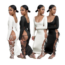 Solid Color Lace Up Low Cut Sexy Dress