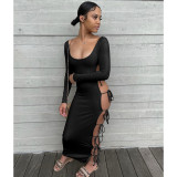 Solid Color Lace Up Low Cut Sexy Dress