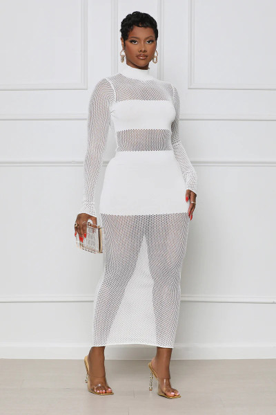 Sexy Solid Color Mesh Panel Long Sleeve Dress