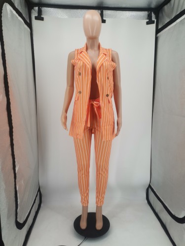 Two-piece striped print blazer with belt