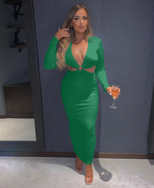 Solid color small pit strip V-neck steel ring hollow slim dress