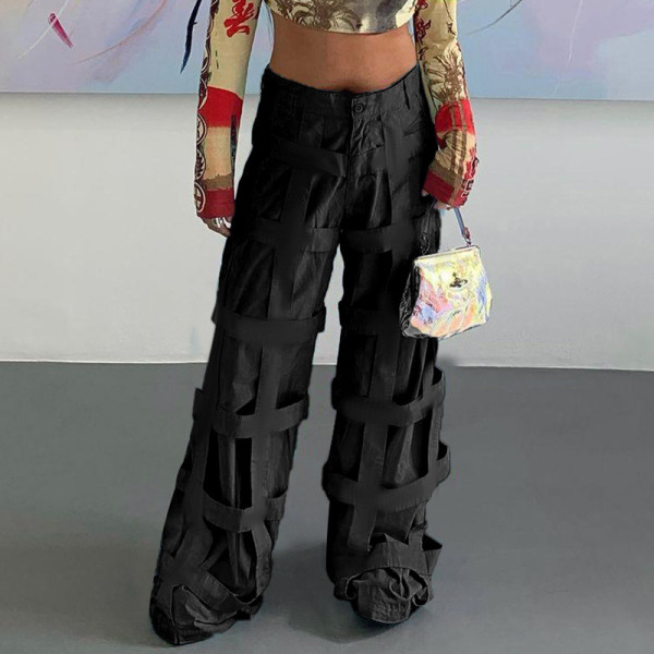 Loose Straight Cargo Pants Black High Waist Sports Casual Wide Leg Pants