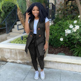 Two-piece striped print blazer with belt