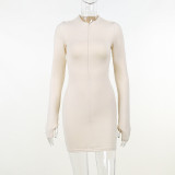 Knitted zipper stitched long-sleeved dress black high-waisted hip dress