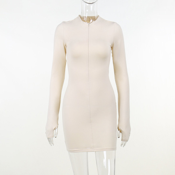 Knitted zipper stitched long-sleeved dress black high-waisted hip dress