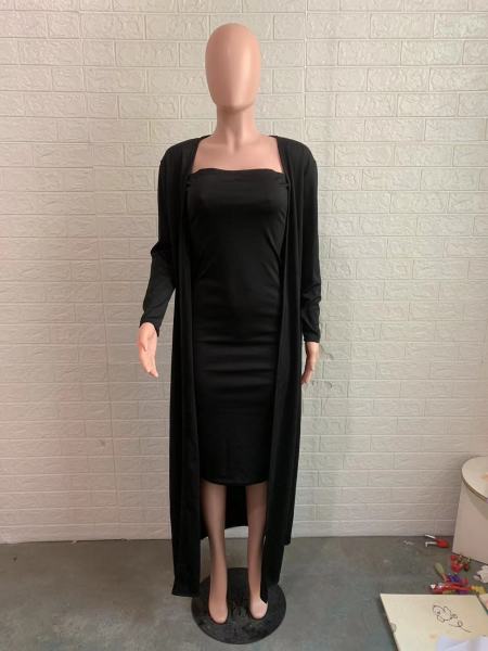 Solid color fashion tight sexy tube top bag hip skirt loose long coat two-piece set