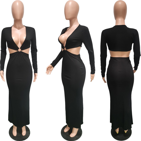 Solid color small pit strip V-neck steel ring hollow slim dress