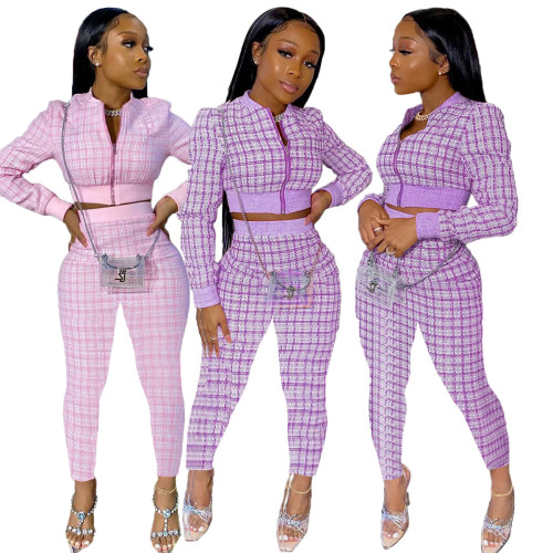 Xiaoxiang style print long-sleeved trousers two-piece suit