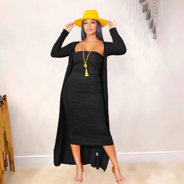 Solid color fashion tight sexy tube top bag hip skirt loose long coat two-piece set