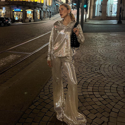 Hot Silver Glitter Shirt Street Hipster Style Long Sleeve Top