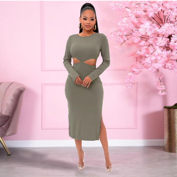 Solid color long-sleeved slit bandage pit-striped fabric sexy hip-lifting hollow seven-point skirt