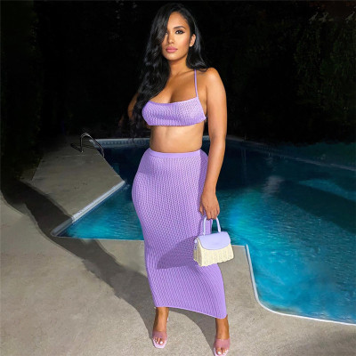 Sexy Cutout Knit Camisole High Waist Show Hips Long Skirt Set