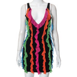 V-neck sexy backless multicolor lace bag hip dress