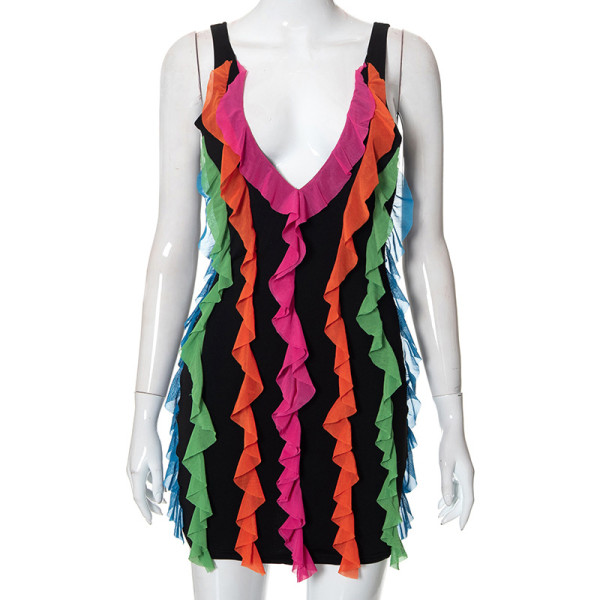 V-neck sexy backless multicolor lace bag hip dress