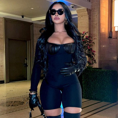 Solid Color Casual Crew Neck Long Sleeve Zip Slim Short Jumpsuit