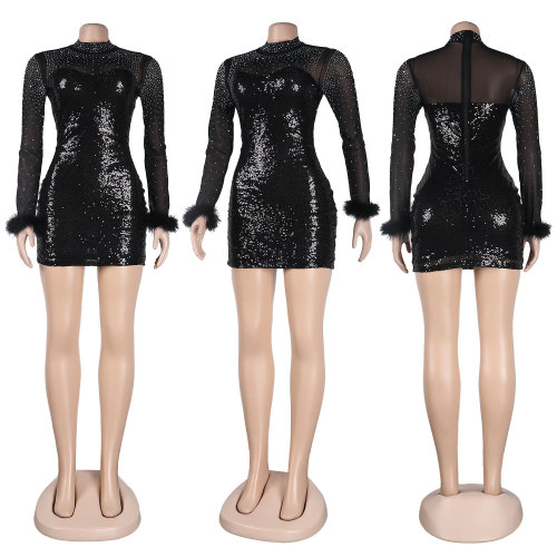 See-through Mesh Feather Wrap Hip Slim Sequin Dress