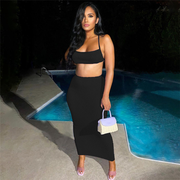 Sexy Cutout Knit Camisole High Waist Show Hips Long Skirt Set