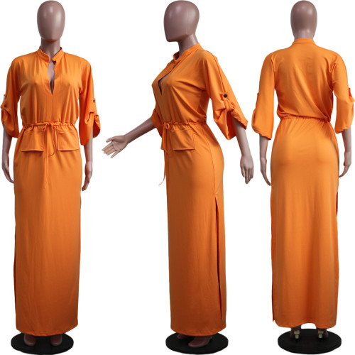 Casual Fashion Stand Collar Slit Solid Color Dress