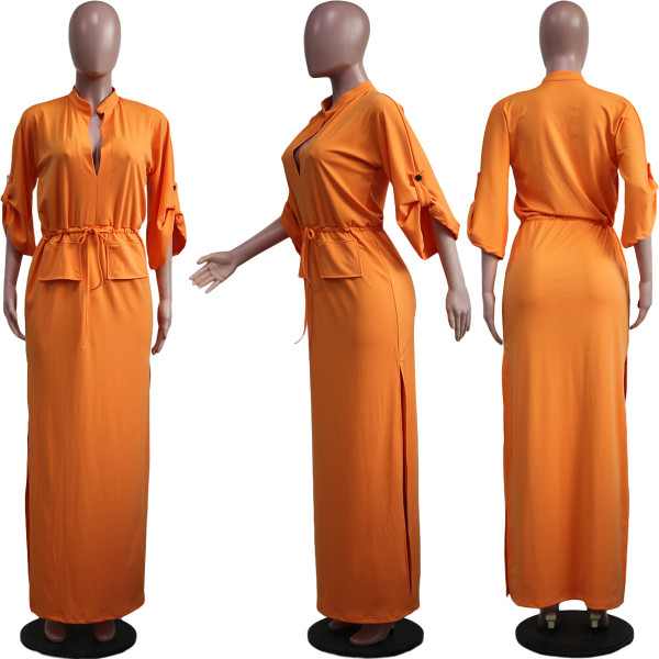 Casual Fashion Stand Collar Slit Solid Color Dress