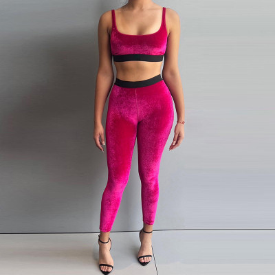 Sexy Color Contrast Suede High Waist Suspender Pants Casual Suit