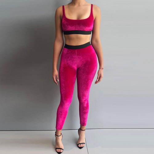 Sexy Color Contrast Suede High Waist Suspender Pants Casual Suit