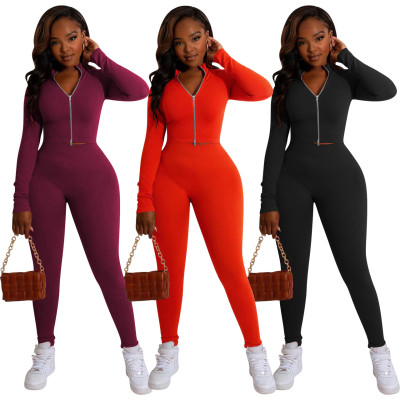 Solid Color Double Zip Top and Pants Two Piece Set
