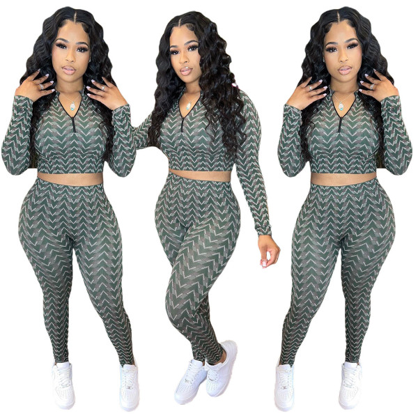 Fashion small pit strip geometric print trousers two-piece set
