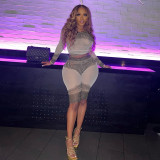 Dollar Print Crew Neck Long Sleeve Shorts Mesh Tracksuit